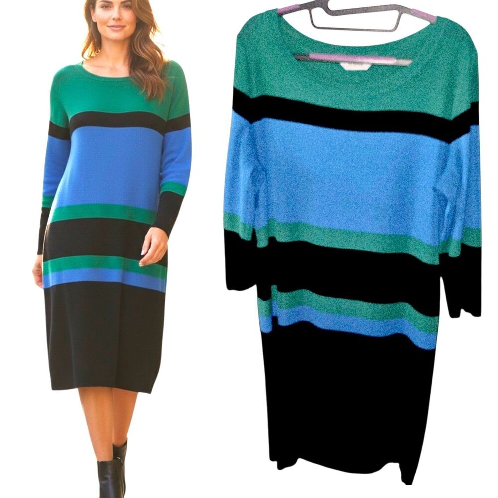 EXCLUSIVELY MISOOK Sz XL Vintage Signature Knit  Black Green Blue L/S Midi Dress